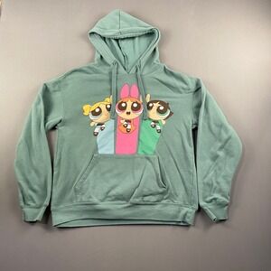 Powerpuff Girls Cartoon Graphic‎ Hoodie Green Fleece Pullover Women's Size M